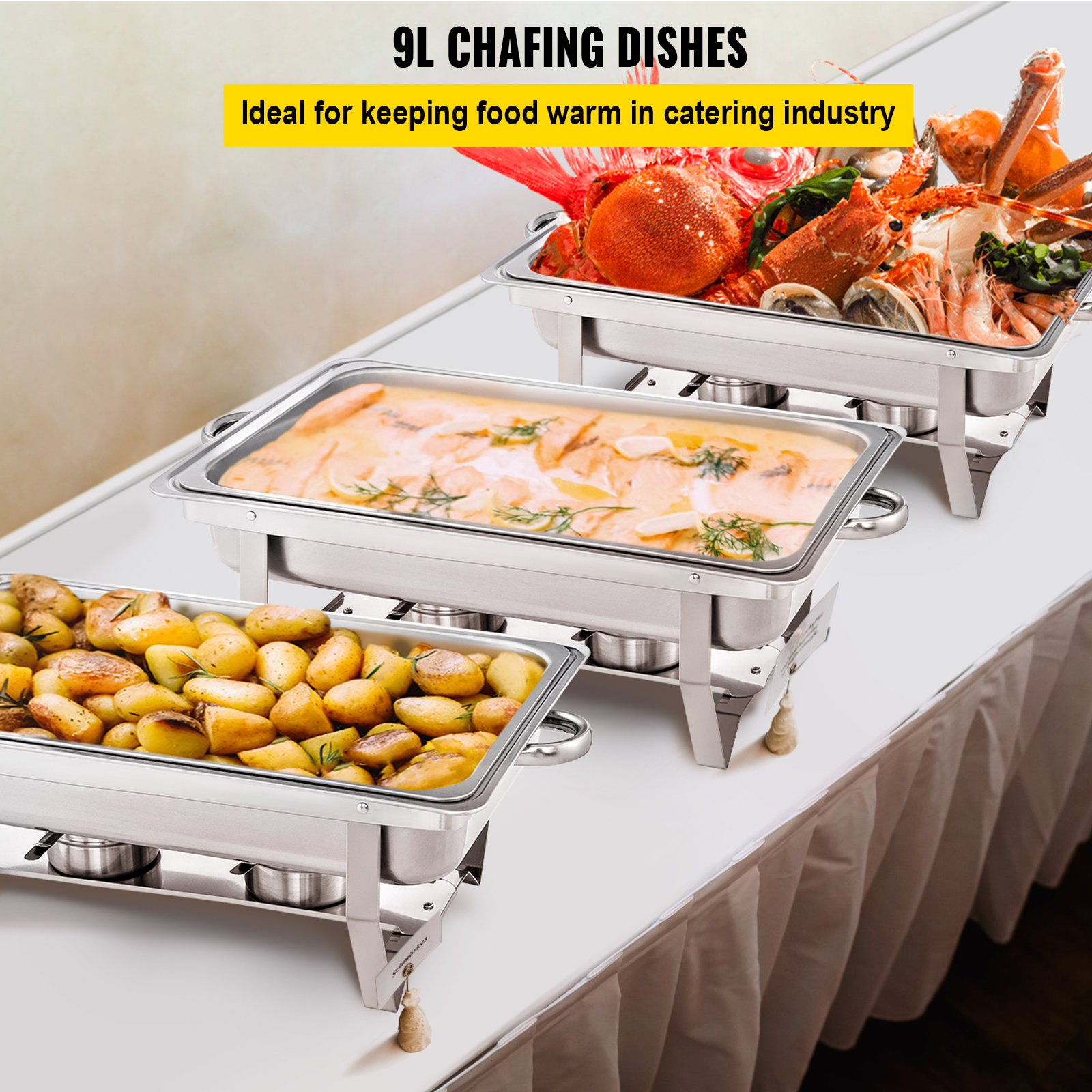 VEVOR 3 Packs 9.5 Quart Stainless Steel Chafing Dishes Rectangular