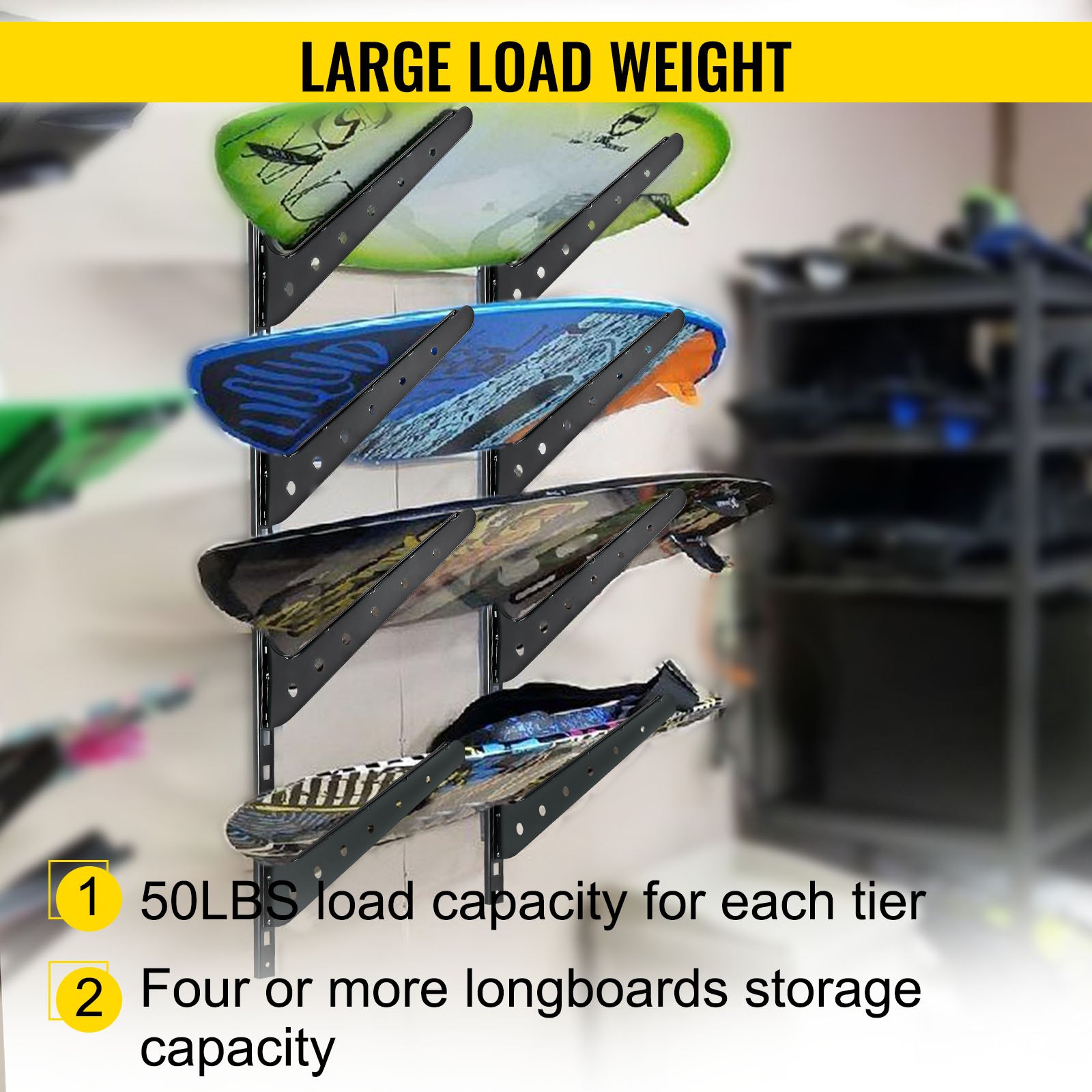 VEVOR Surfboard Rack, 4 Tiers Wakeboard Rack, 50lbs Capacity Surfboard Rack for Wall, Surfboard