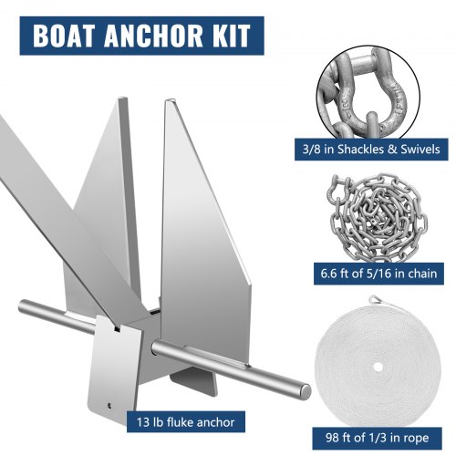 VEVOR Boat Anchor Kit 13 lb Fluke Style Anchor, Hot Dipped Galvanized