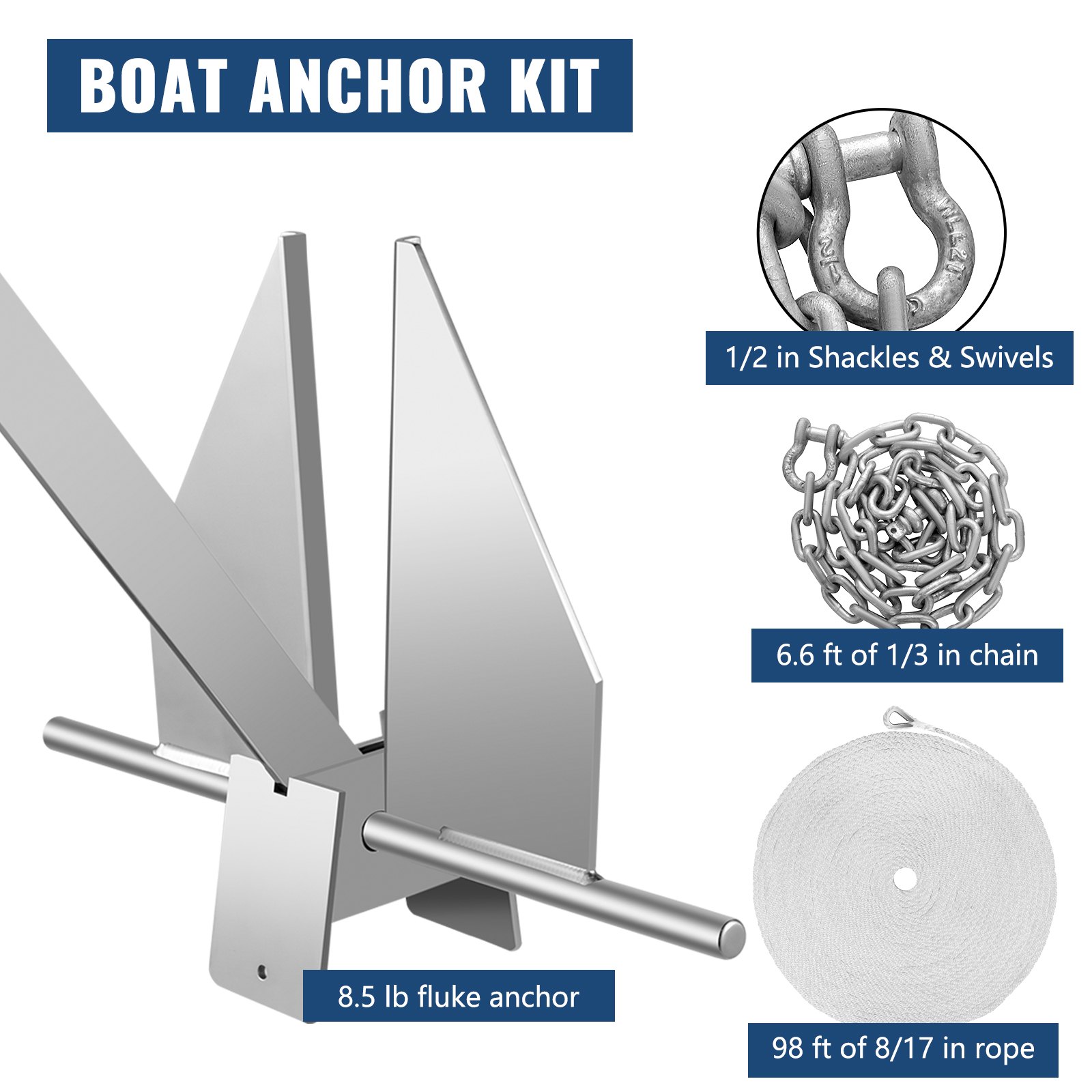 VEVOR Boat Anchor Kit 8.5 lb Fluke Style Anchor, Hot Dipped Galvanized