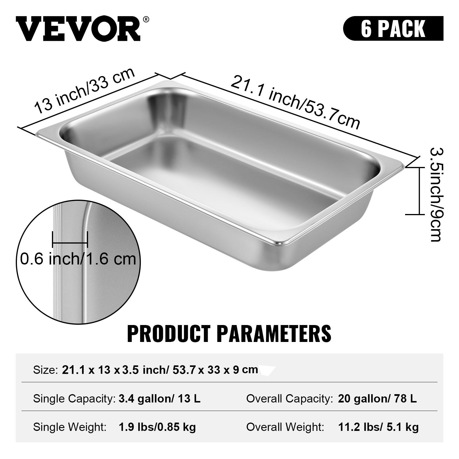 VEVOR Hotel Pans Full Size 4Inch Deep, Steam Table Pan 6 Pack , 22 Gauge/0.8mm Thick Stainless