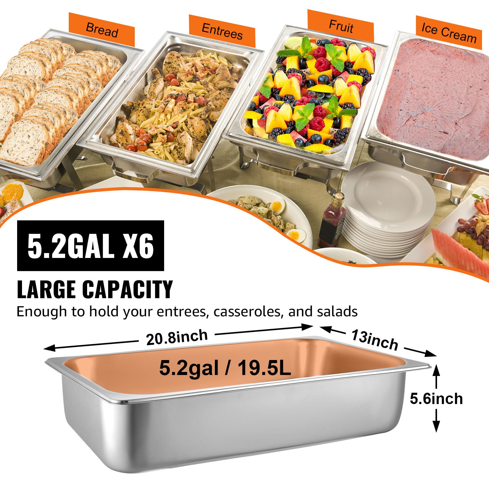 VEVOR 6 Pack Steam Table Pans 20 9 X 12 8 X 5 9 Inch Deep Steam Table   Hotel Pan F3 