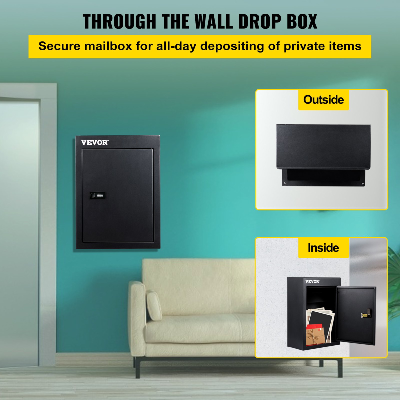 VEVOR Through The Wall Drop Box, 12.5''x6.3''x16.9'' Mail Drop Box w