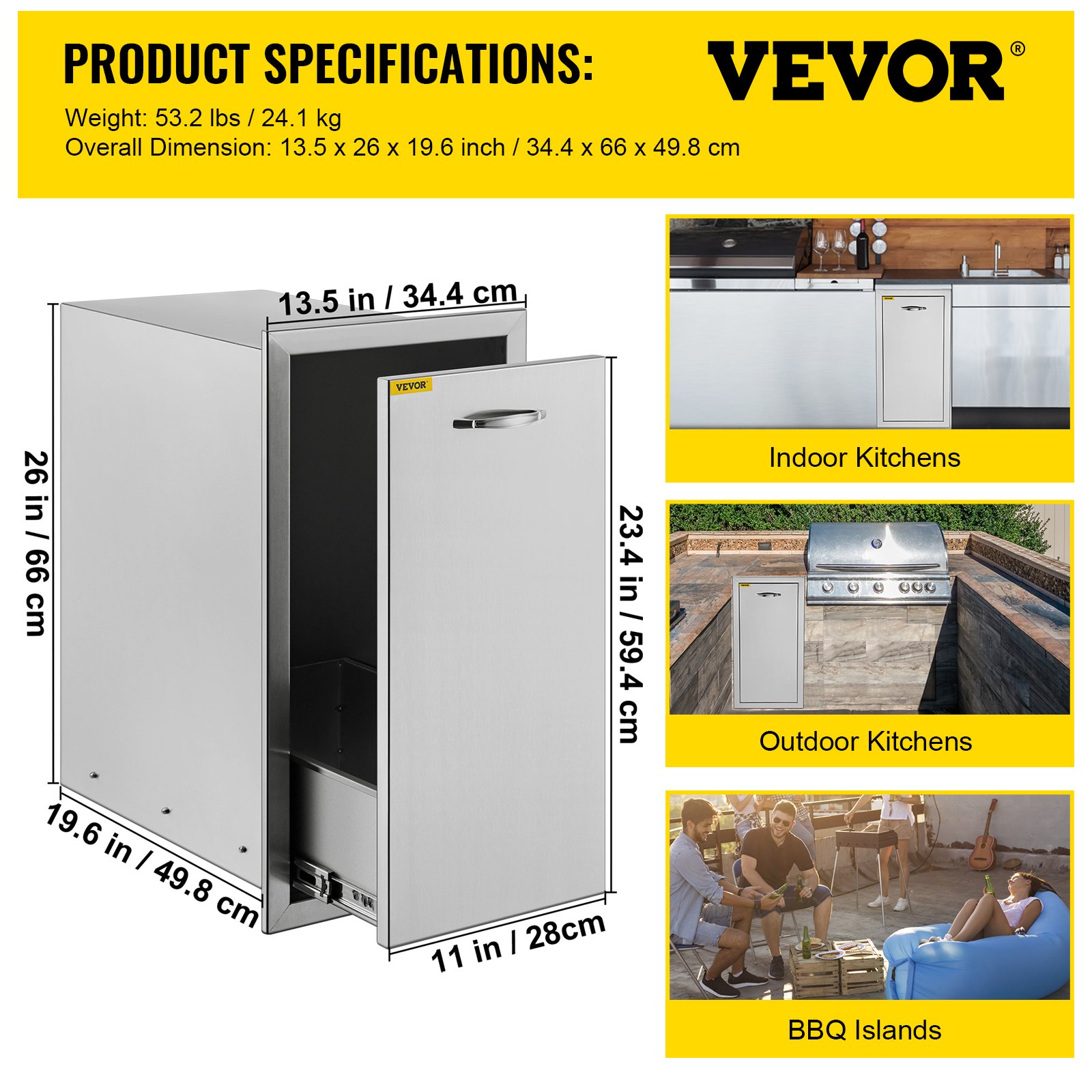 VEVOR BuiltIn Trash Drawer With PullOut Tray Stainless Steel Outdoor Kitchen Drawer VEVOR US