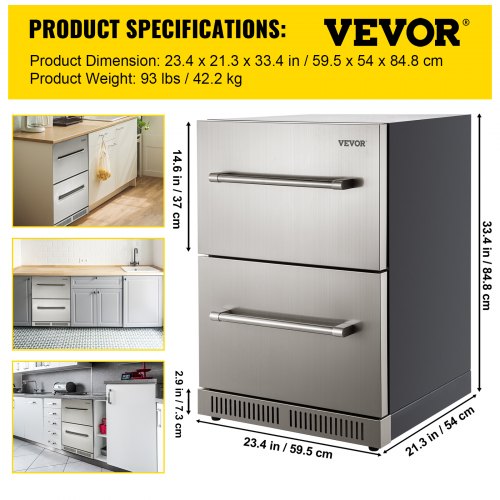 VEVOR Under counter Refrigerator Builtin Double Drawer Refrigerator 24