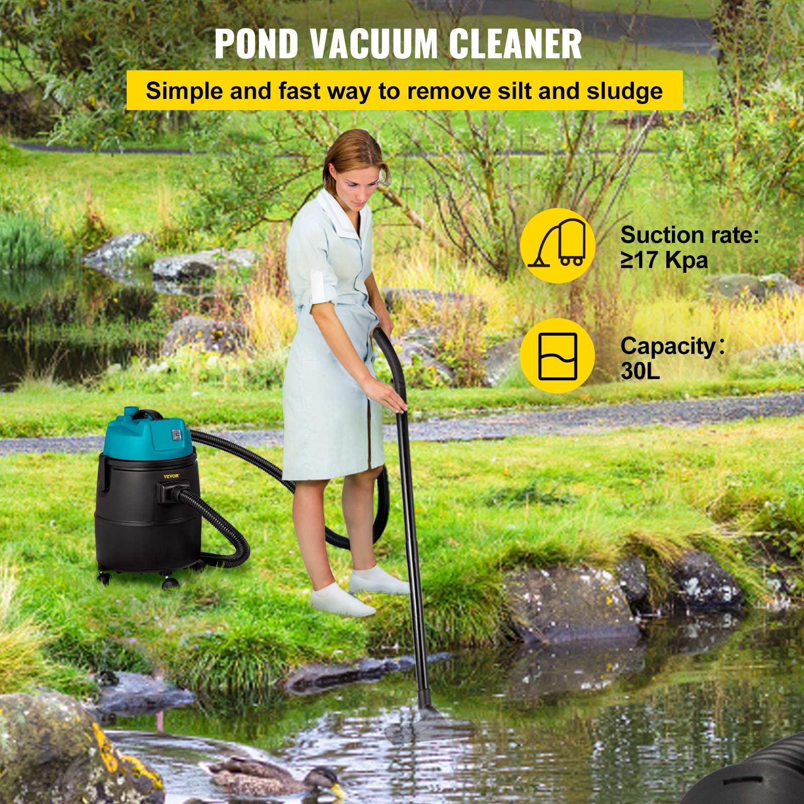 VEVOR Pond Vacuum Cleaner Sludge Remover 1400W Single Chamber Suction