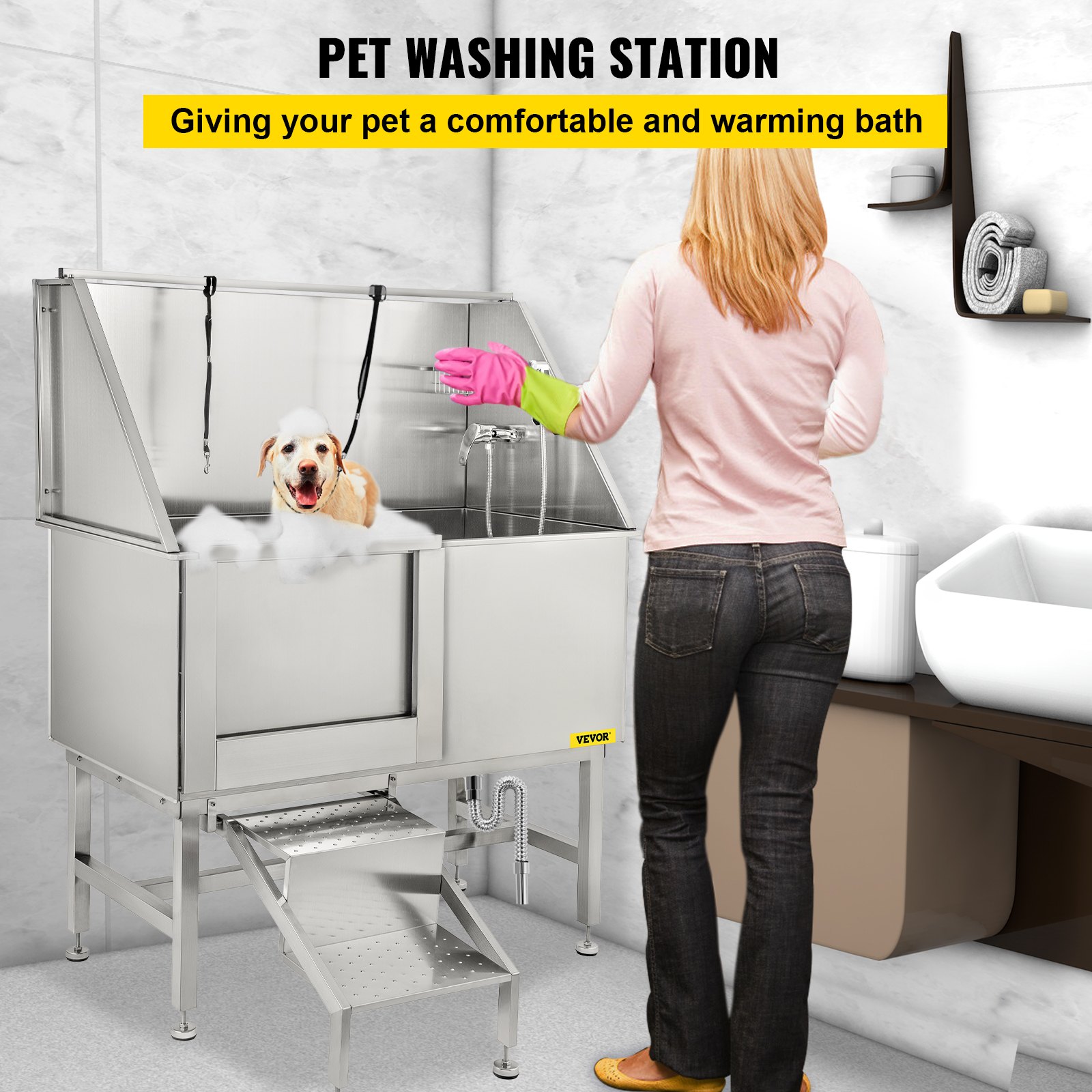 VEVOR 50 Inch Dog Grooming Tub Professional Stainless Steel Pet Dog