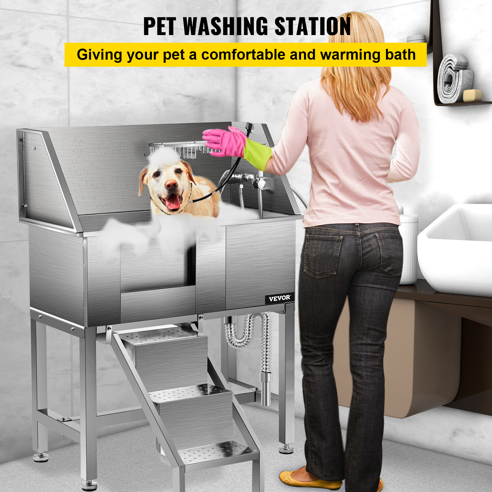 VEVOR 34" Pet Grooming Tub Stainless Steel Dog Wash Station Pet Washing