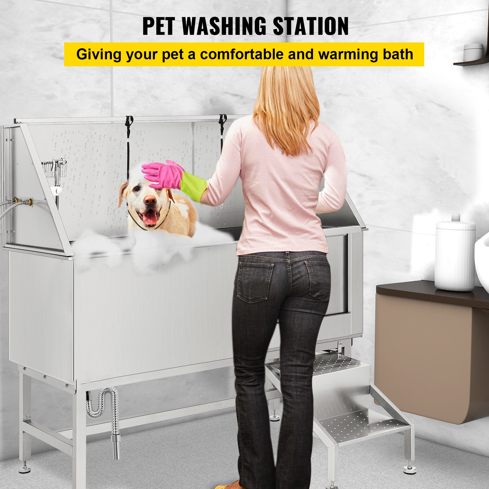 VEVOR Professional Dog Grooming Tub 62 inch Stainless Steel Pet Bathing Tub Large Dog Wash Tub