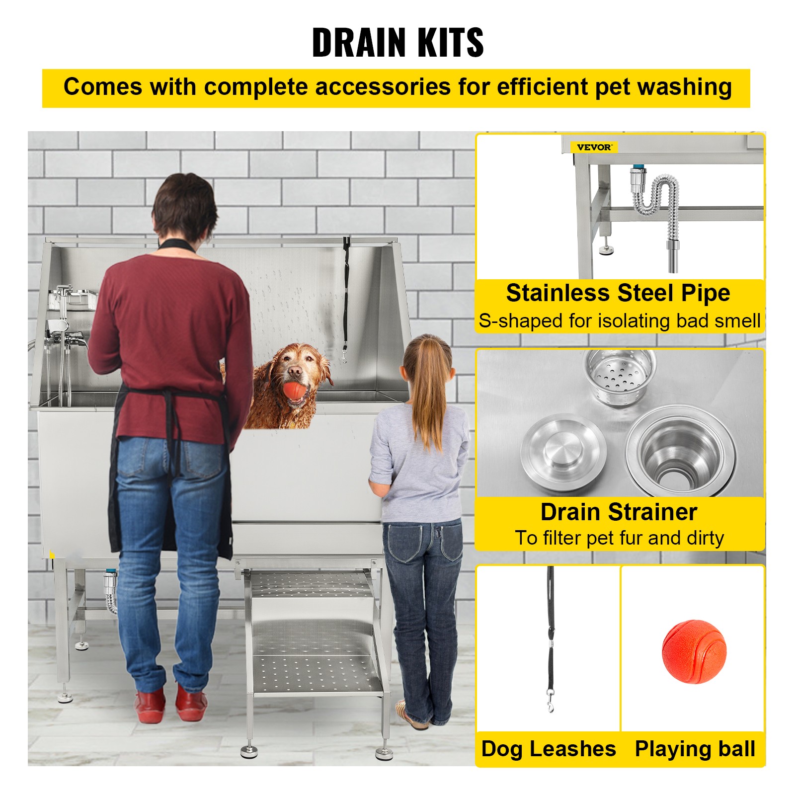 VEVOR 50 Inch Dog Grooming Tub Professional Stainless Steel Pet Dog