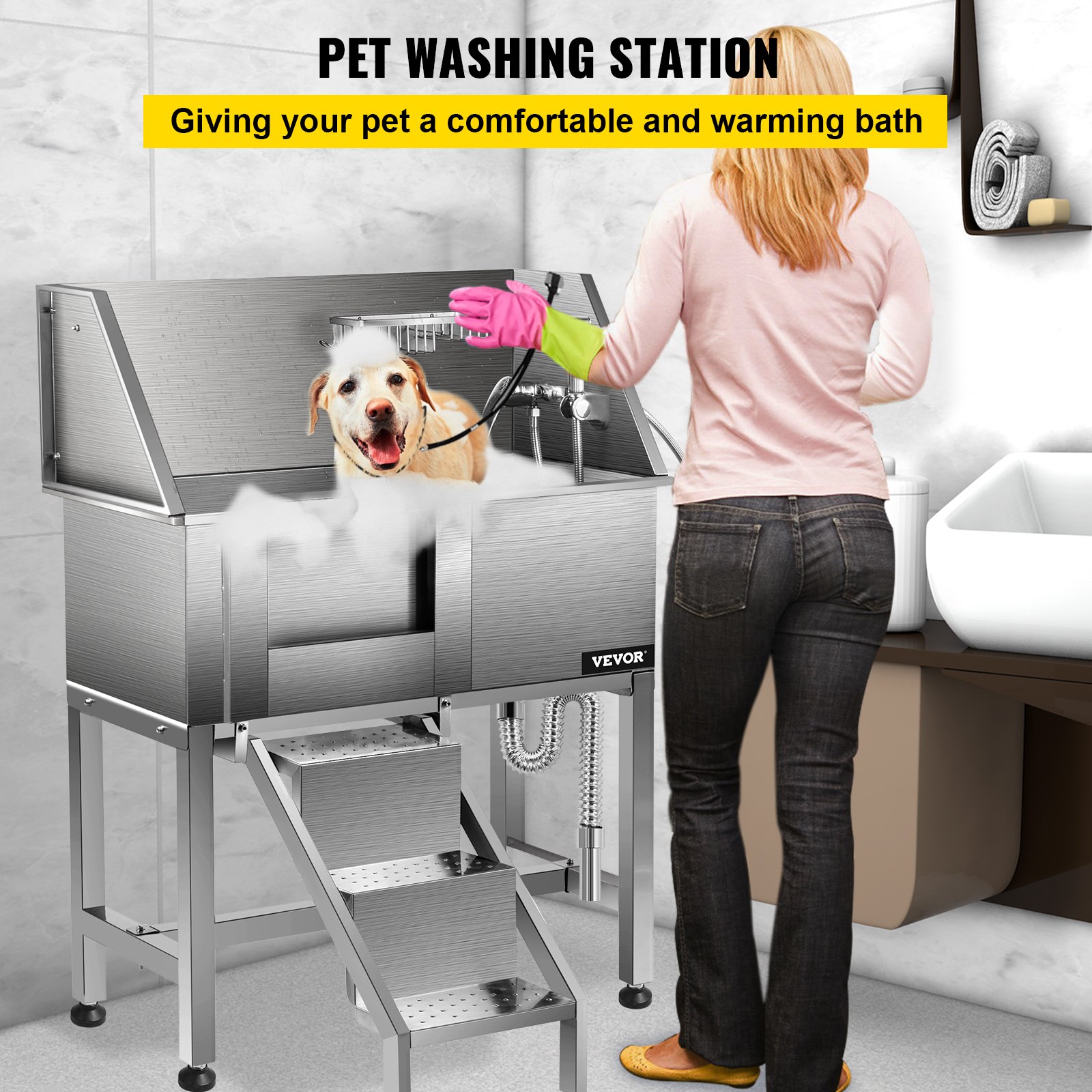 VEVOR Dog Grooming Tub, 38" Left Pet Wash Station, Professional