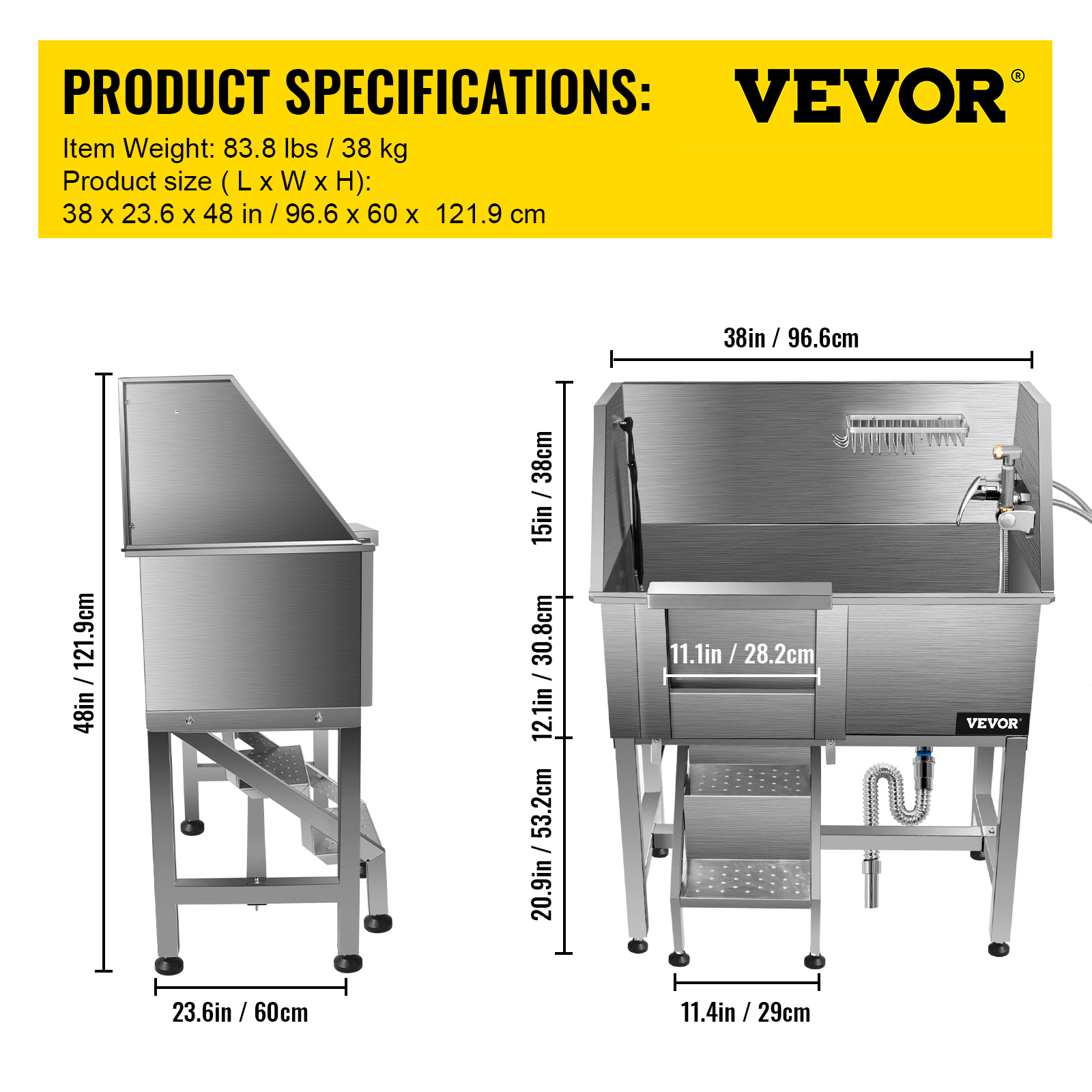 VEVOR VEVOR Pet Dog Grooming Bath Tub Dog Wash Tub 38"L Stainless Steel