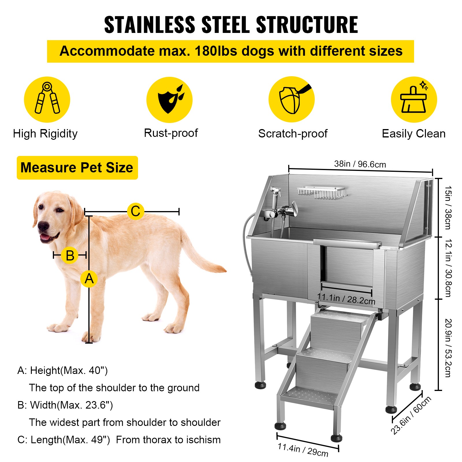 VEVOR Pet Dog Grooming Bath Tub Dog Wash Tub 38"L Stainless Steel