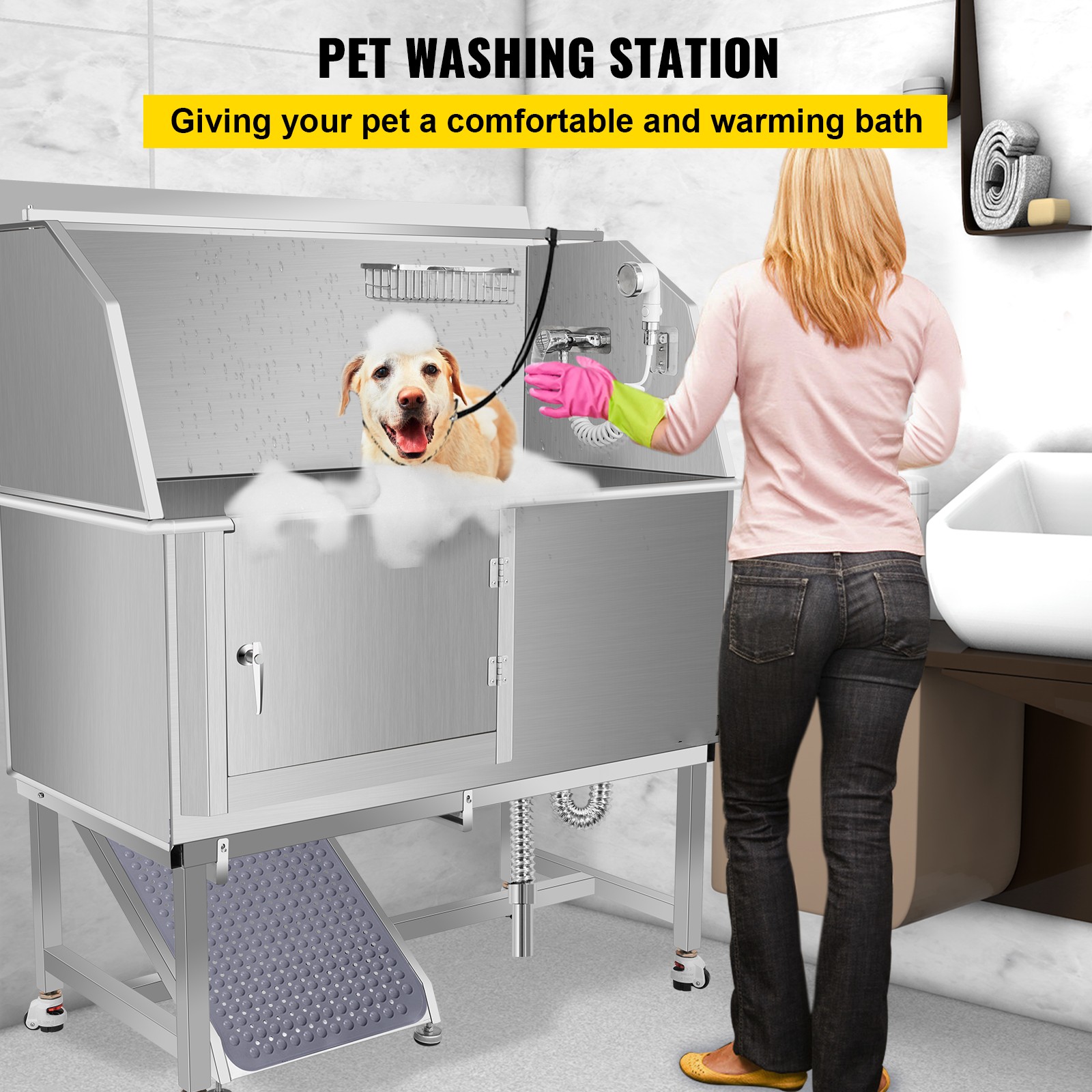 VEVOR Pet Dog Grooming Bath Tub Dog Wash Tub 50"H Stainless Steel