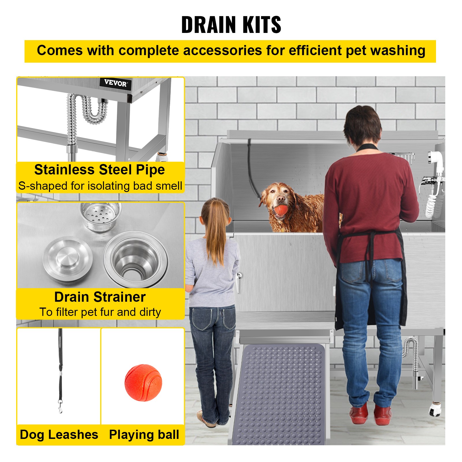 VEVOR Pet Dog Grooming Bath Tub Dog Wash Tub 50"H Stainless Steel