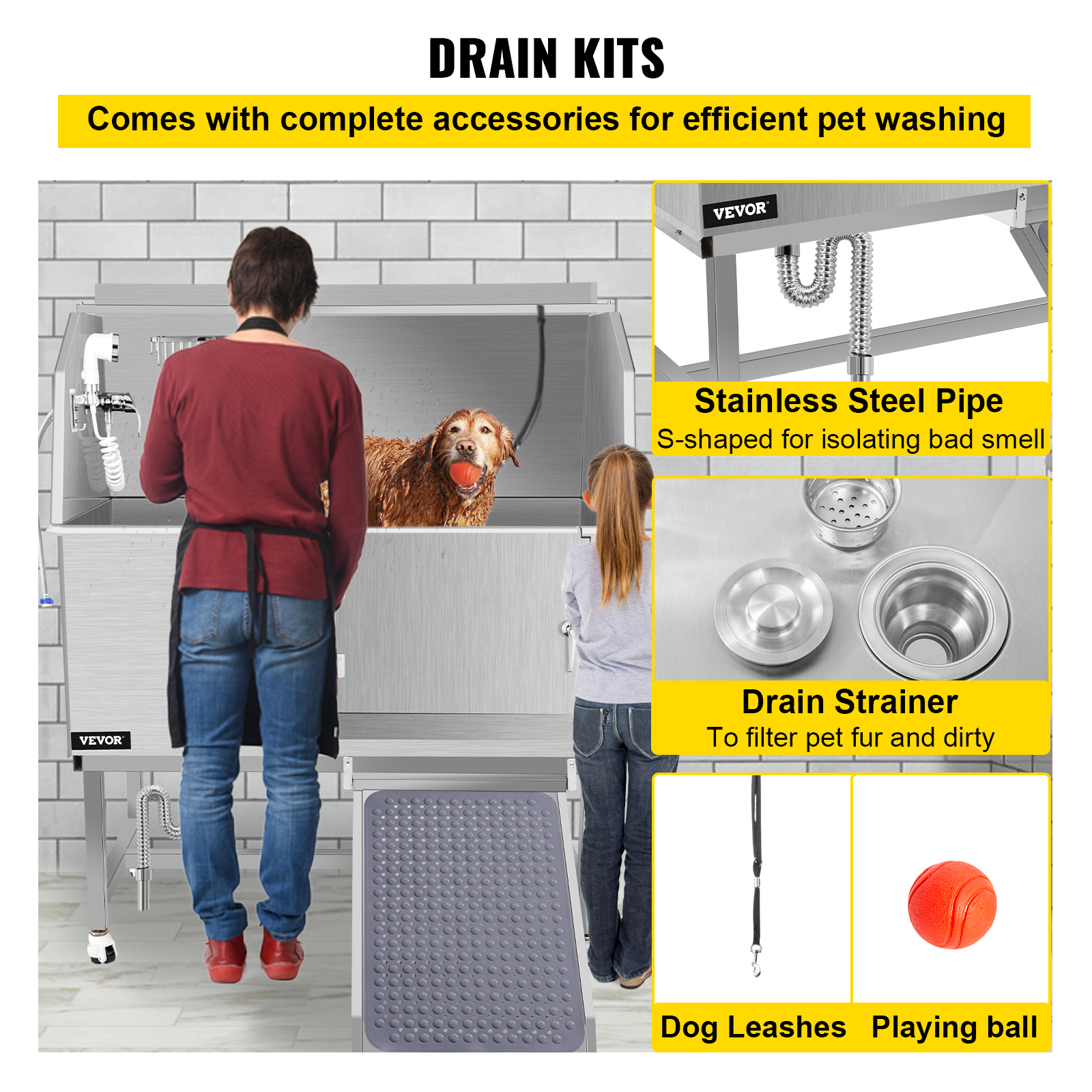 VEVOR Pet Dog Grooming Bath Tub Dog Wash Tub 50"L Stainless Steel