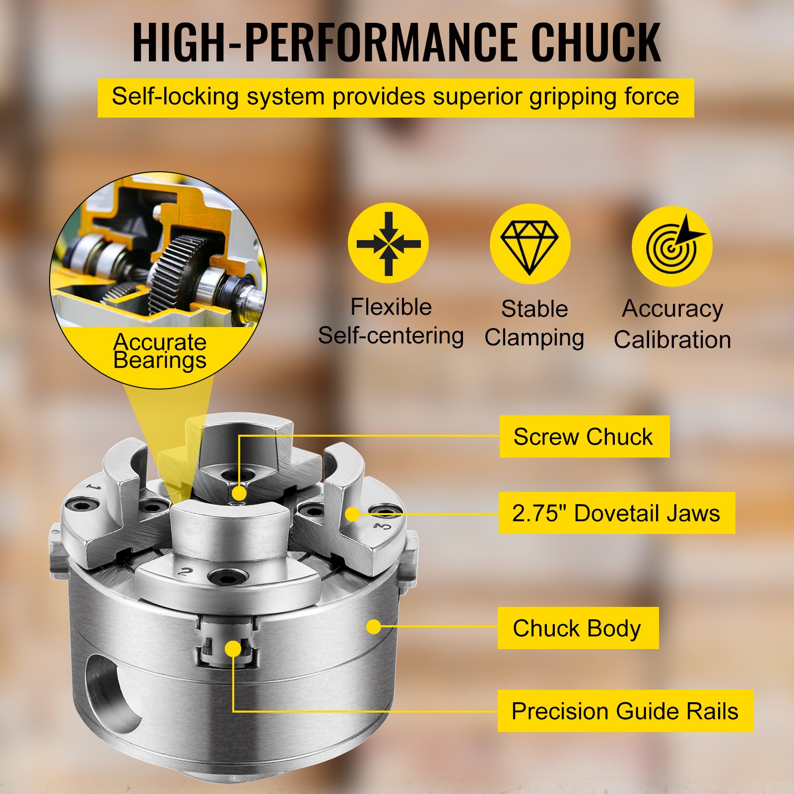 VEVOR 2.75Inch Wood Lathe Chuck, 4Jaw Precision SelfCentering Keyed