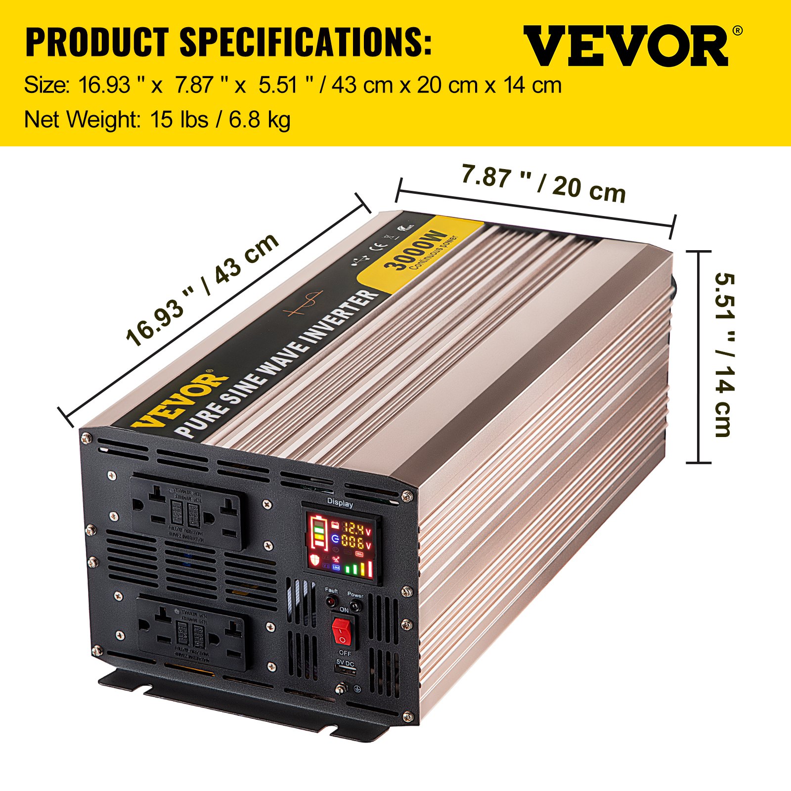 VEVOR Pure Sine Wave Inverter, 3000 Watt Power Inverter, DC 12V to AC
