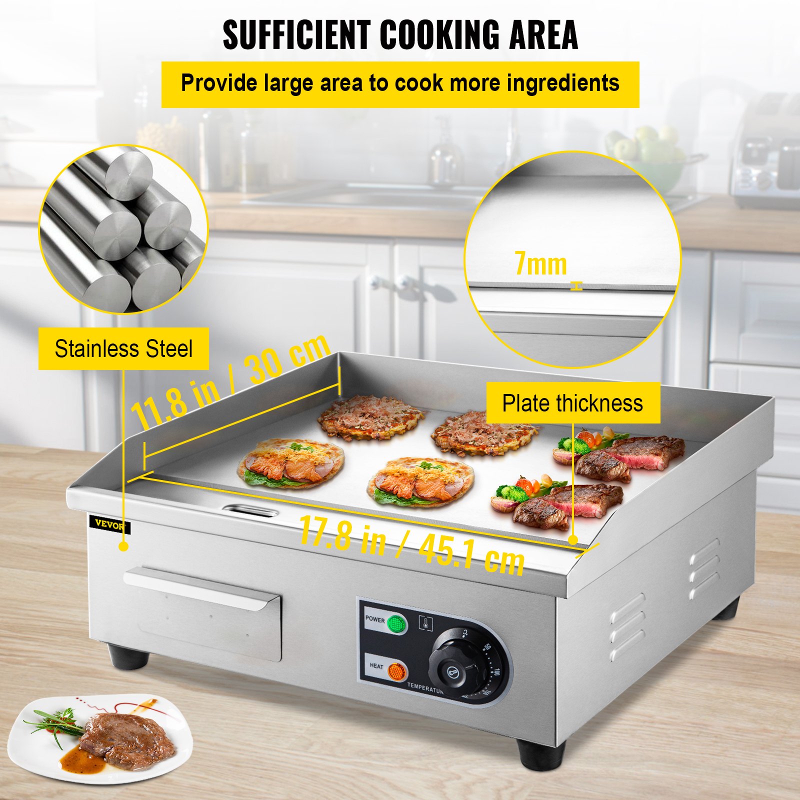 VEVOR Commercial Electric Griddle, 18" Teppanyaki Grill, 1600W Electric Flat Top Grill