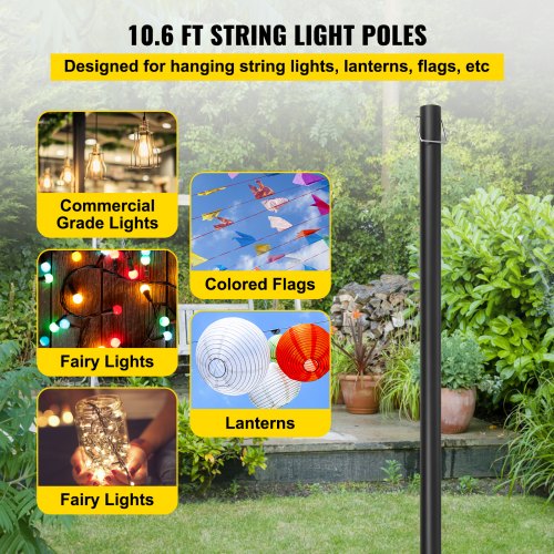 VEVOR String Light Poles Outdoor Metal Pole 10.6FT 2PCS Steel for Patio