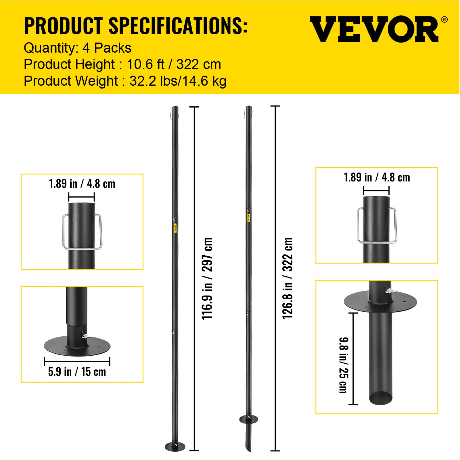 VEVOR String Light Poles Outdoor Metal Pole 10.6FT 4PCS Steel for Patio