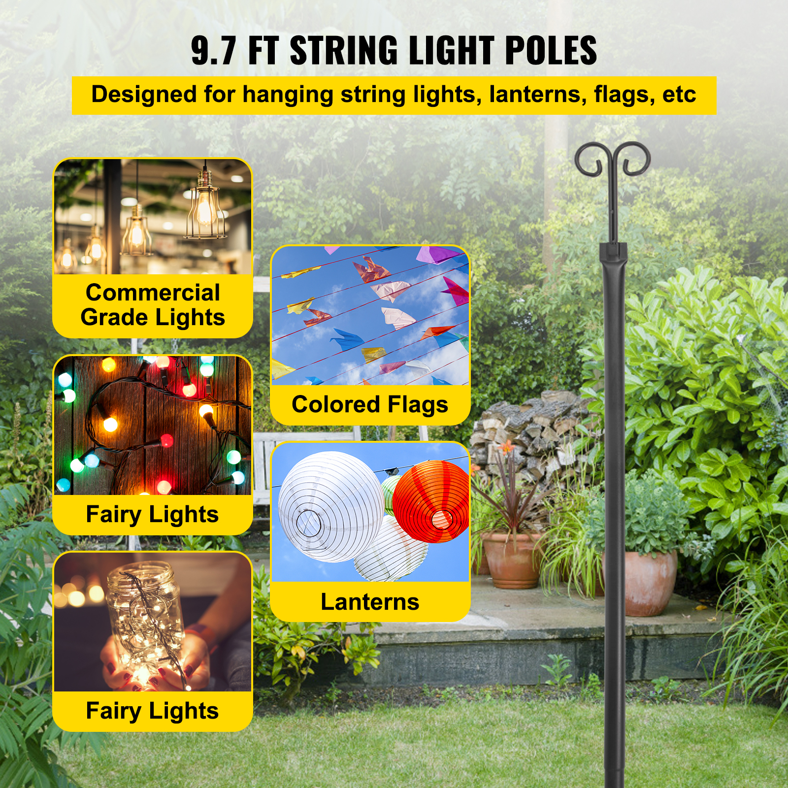 VEVOR String Light Poles Outdoor Metal Pole 9.7FT 2PCS Steel for Patio