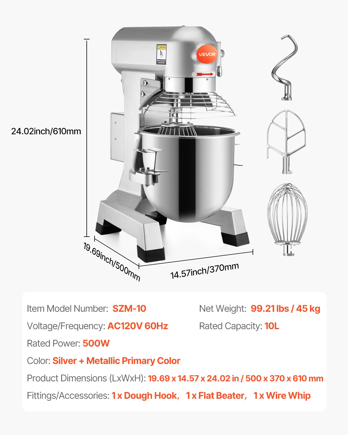 VEVOR Commercial Food Mixer 10Qt 450W 3 Speeds Adjustable 110/178/390
