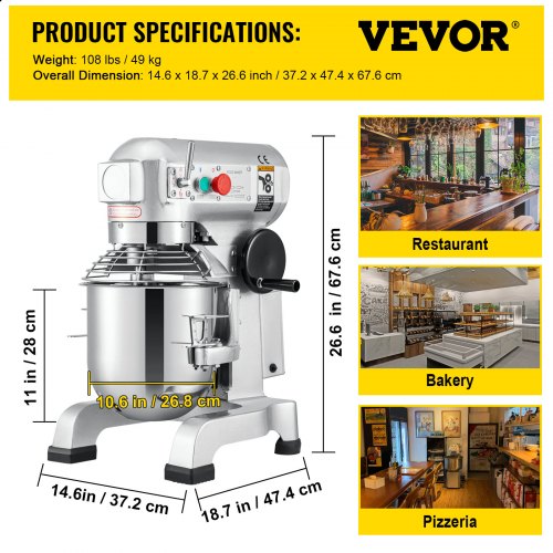 VEVOR Commercial Food Mixer 15Qt 600W 3 Speeds Adjustable 110/178/390 RPM Heavy Duty 110V with