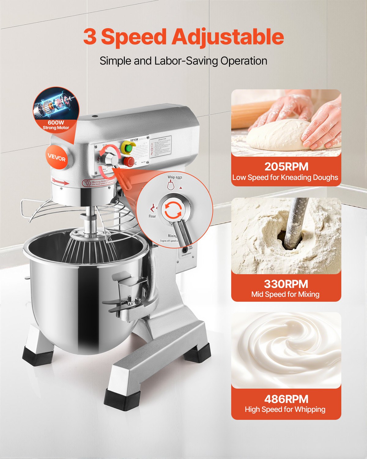 VEVOR Commercial Food Mixer 15Qt 600W 3 Speeds Adjustable 110/178/390