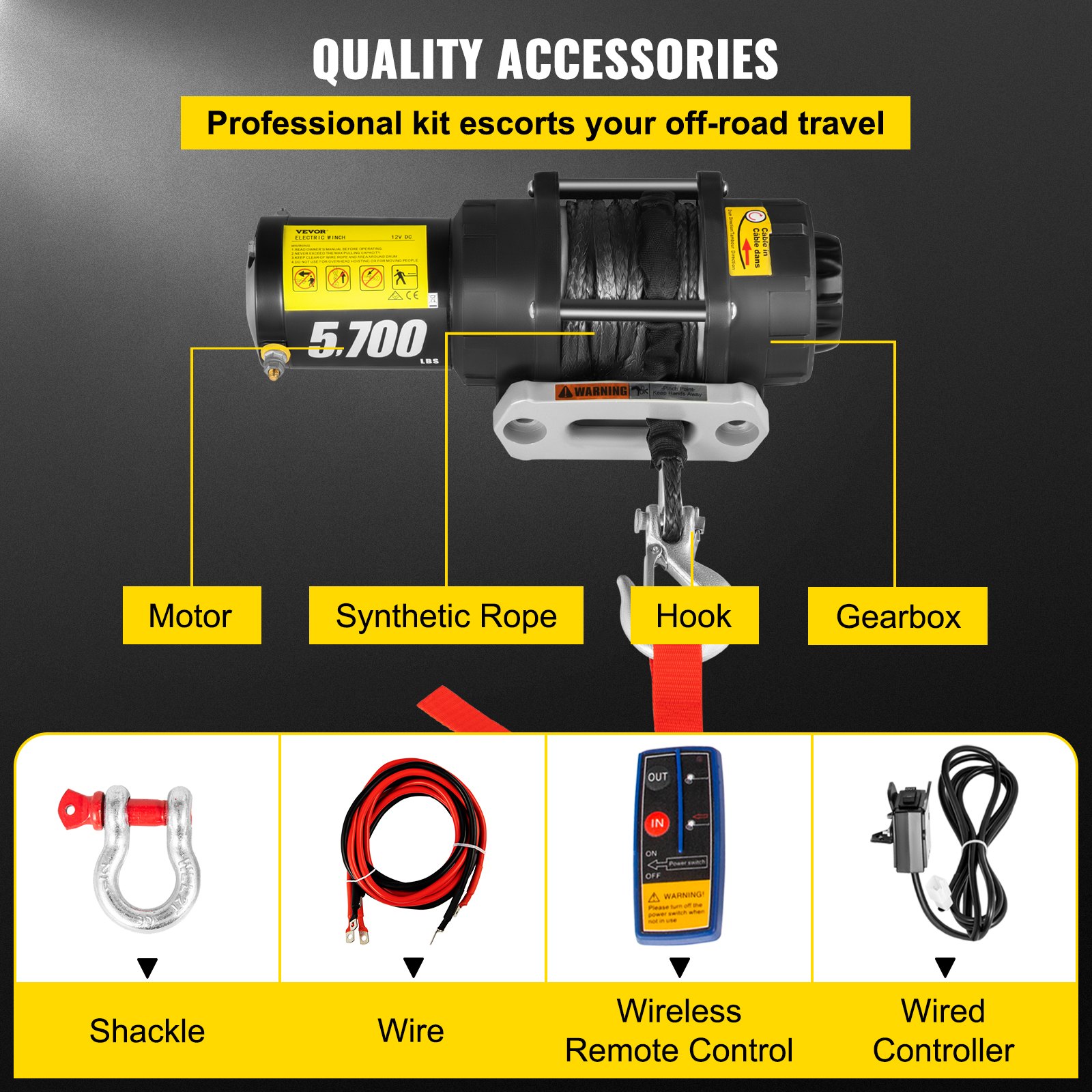 VEVOR Electric Winch, 5700 lbs Capacity, 42.6'/13m Synthetic Rope