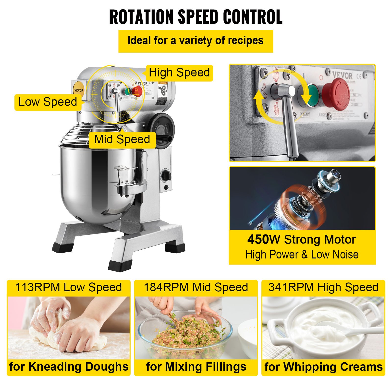 VEVOR Commercial Electric Food Mixer Stand Mixer 10Qt Dough Mixer 3