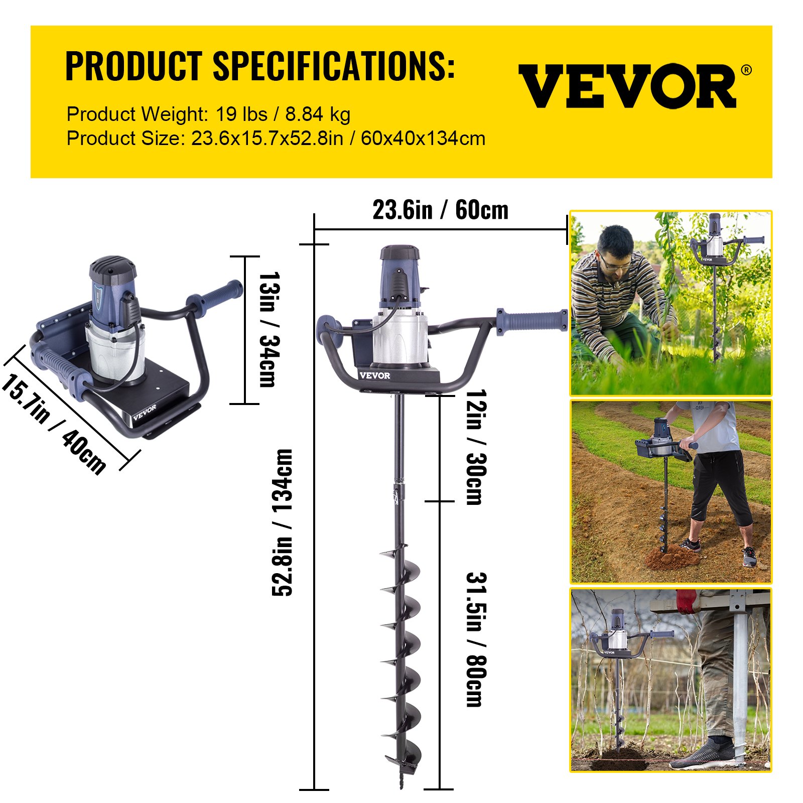 VEVOR Electric Post Hole Digger, 1200 W 1.6 HP Electric Auger Powerhead