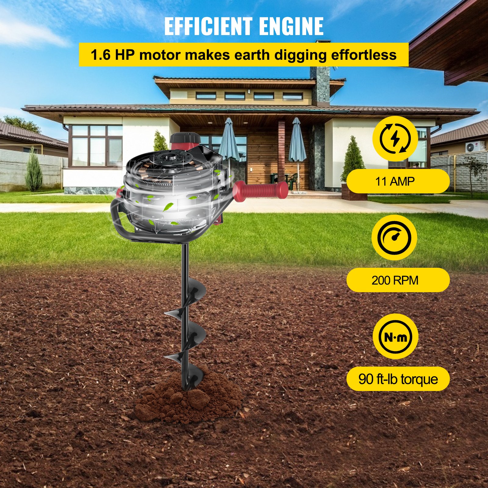 VEVOR Electric Post Hole Digger, 1500 W 1.6 HP Electric Auger Powerhead