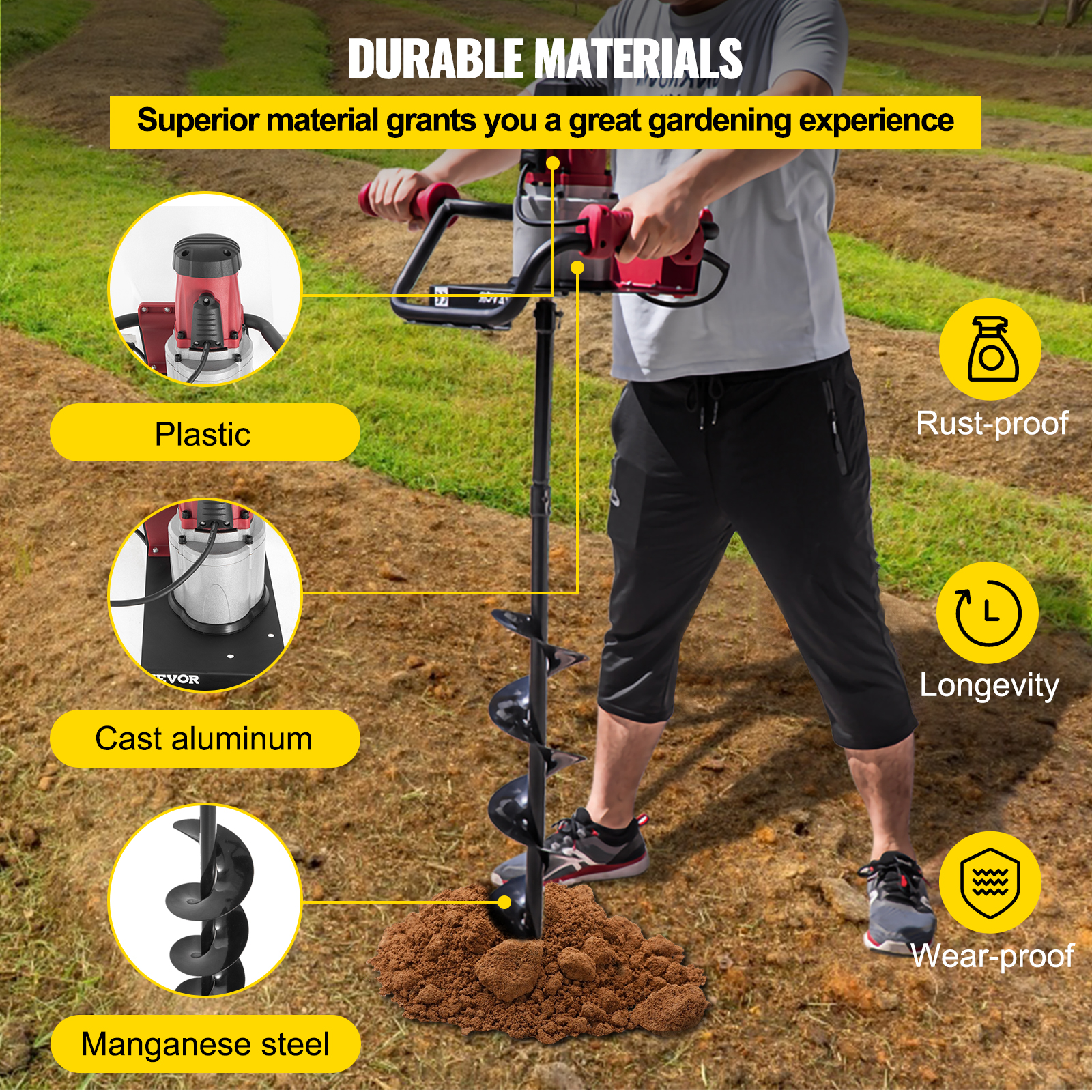 VEVOR Electric Post Hole Digger, 1500 W 1.6 HP Electric Auger Powerhead