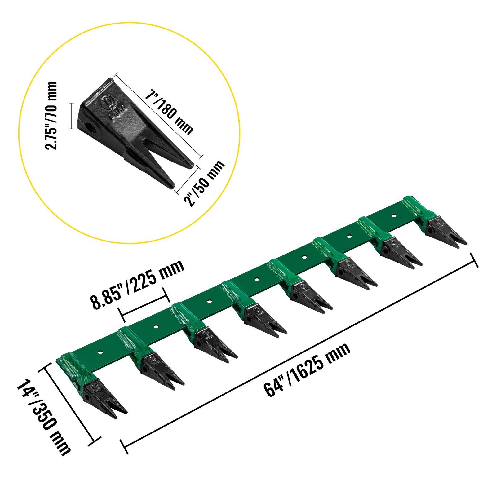 VEVOR Bucket Tooth Bar, 64'' Bolt on Tooth Bar, with 8 Weldon Shanks