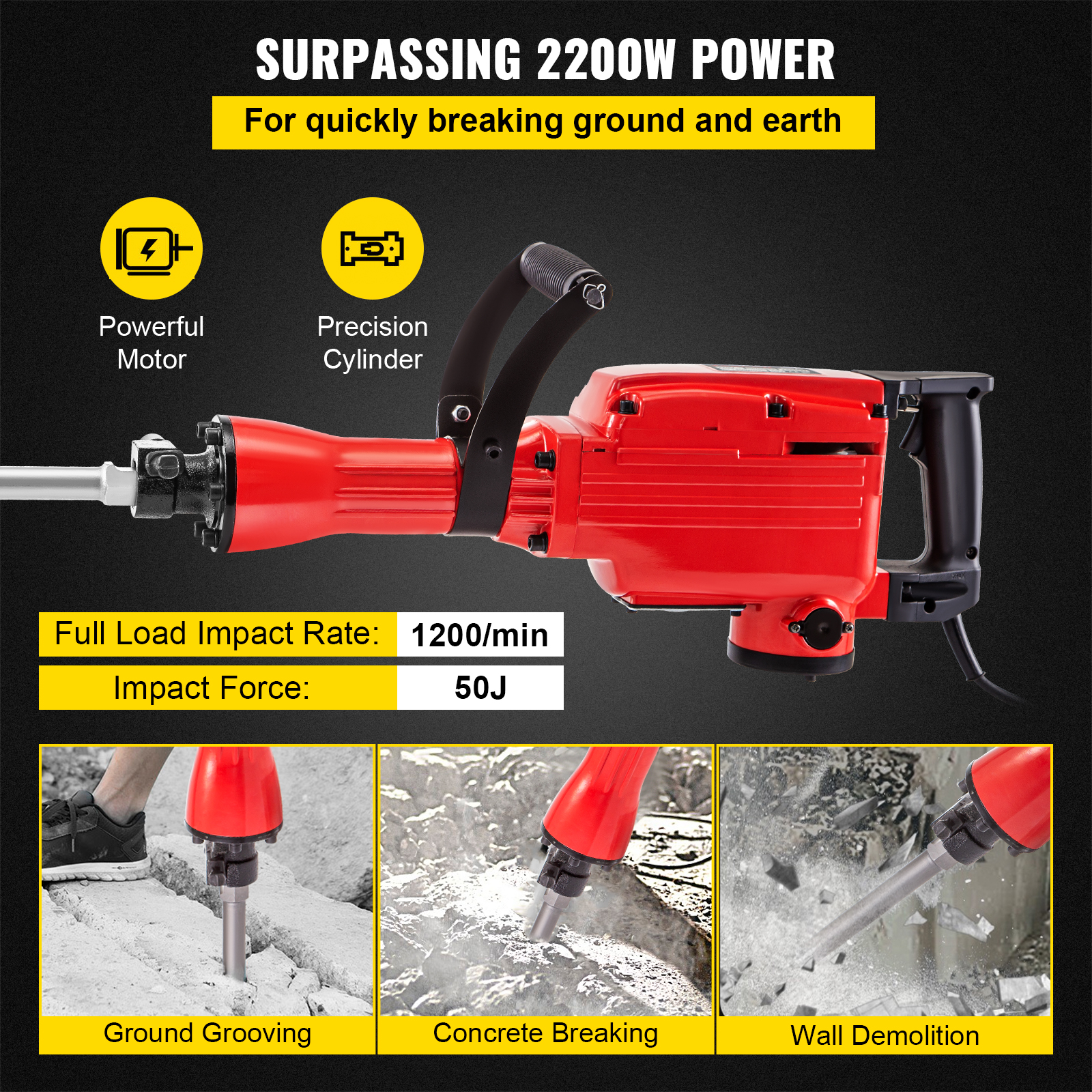 VEVOR Demolition Jack Hammer Jack Hammer Concrete Breaker 1200 BPM