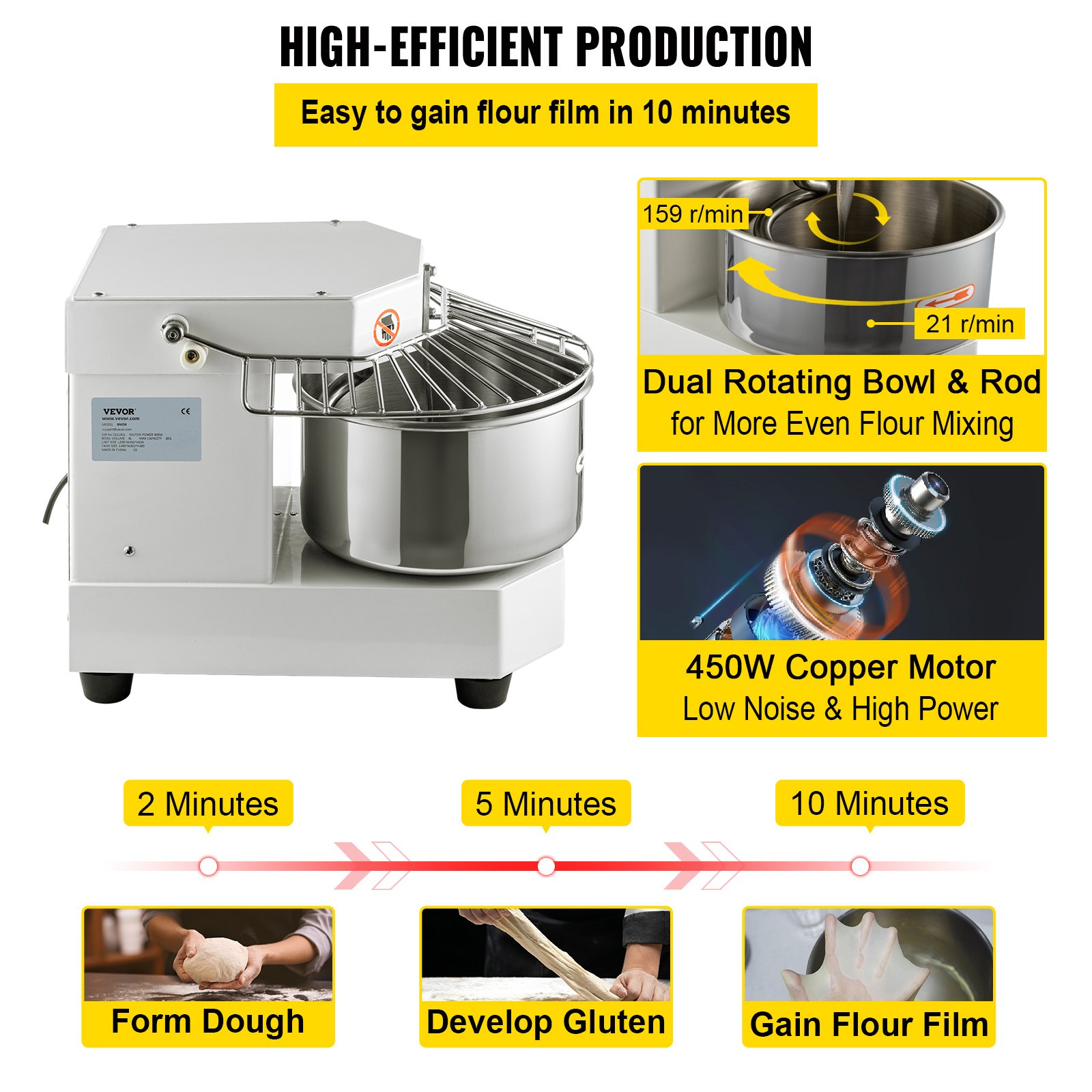 VEVOR Commercial Dough Food Mixer Spiral Dough Mixer w/ 7.3Qt Bowl