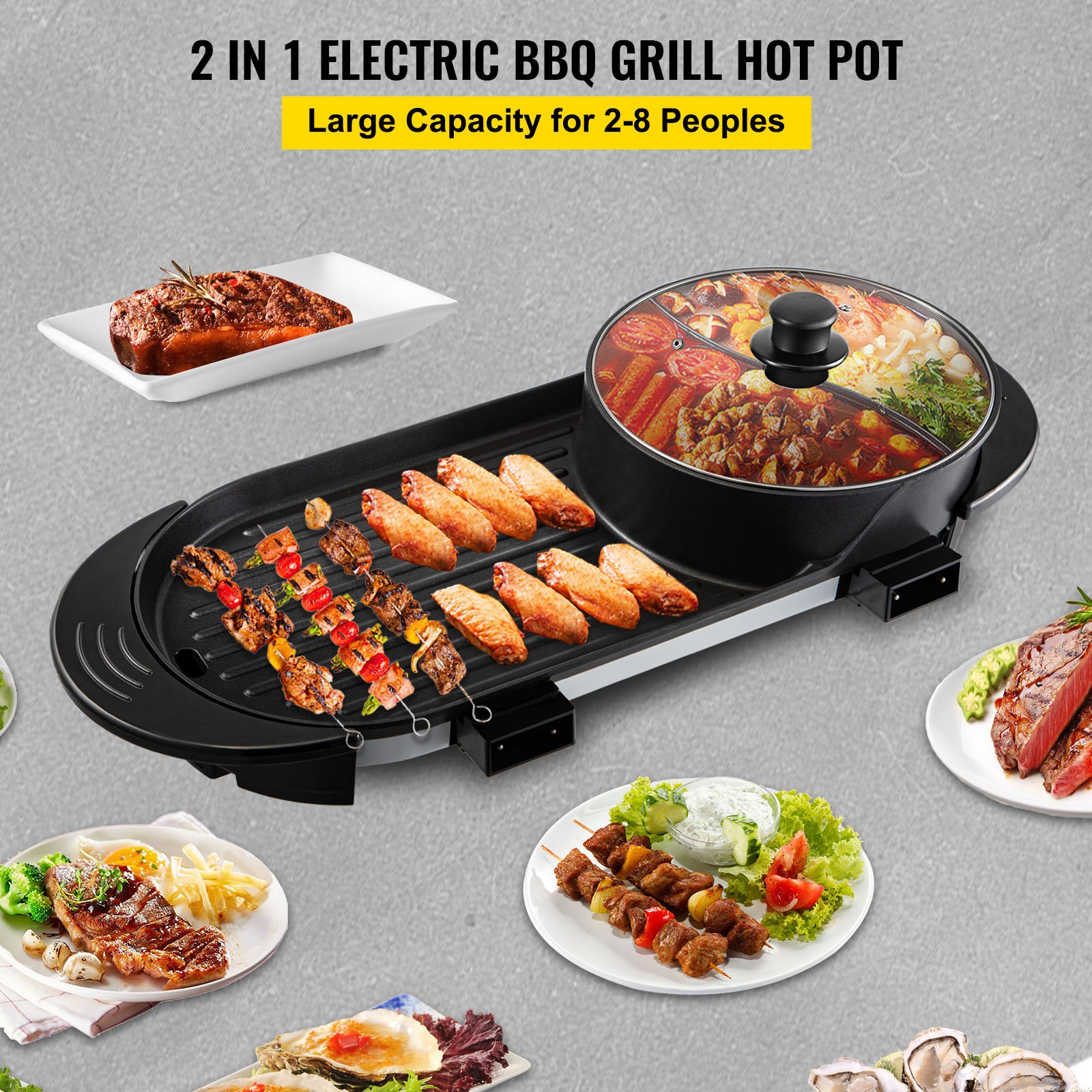 VEVOR 2 in 1 BBQ Grill and Hot Pot with Divider, Aluminum Alloy ...