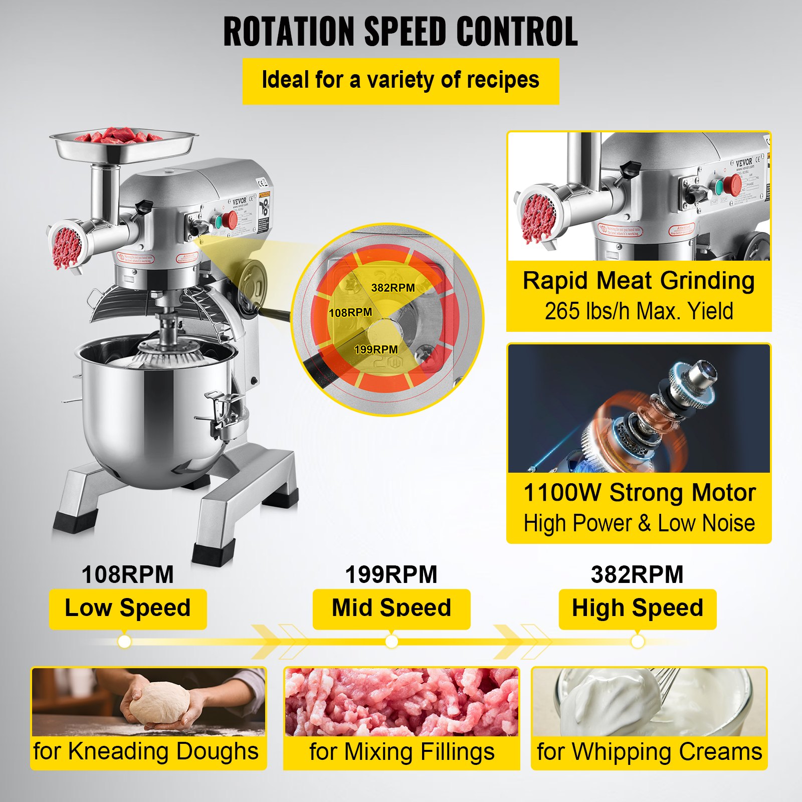 VEVOR Commercial Stand Mixer, 20Qt Stainless Steel Bowl, 1100W 2 in 1