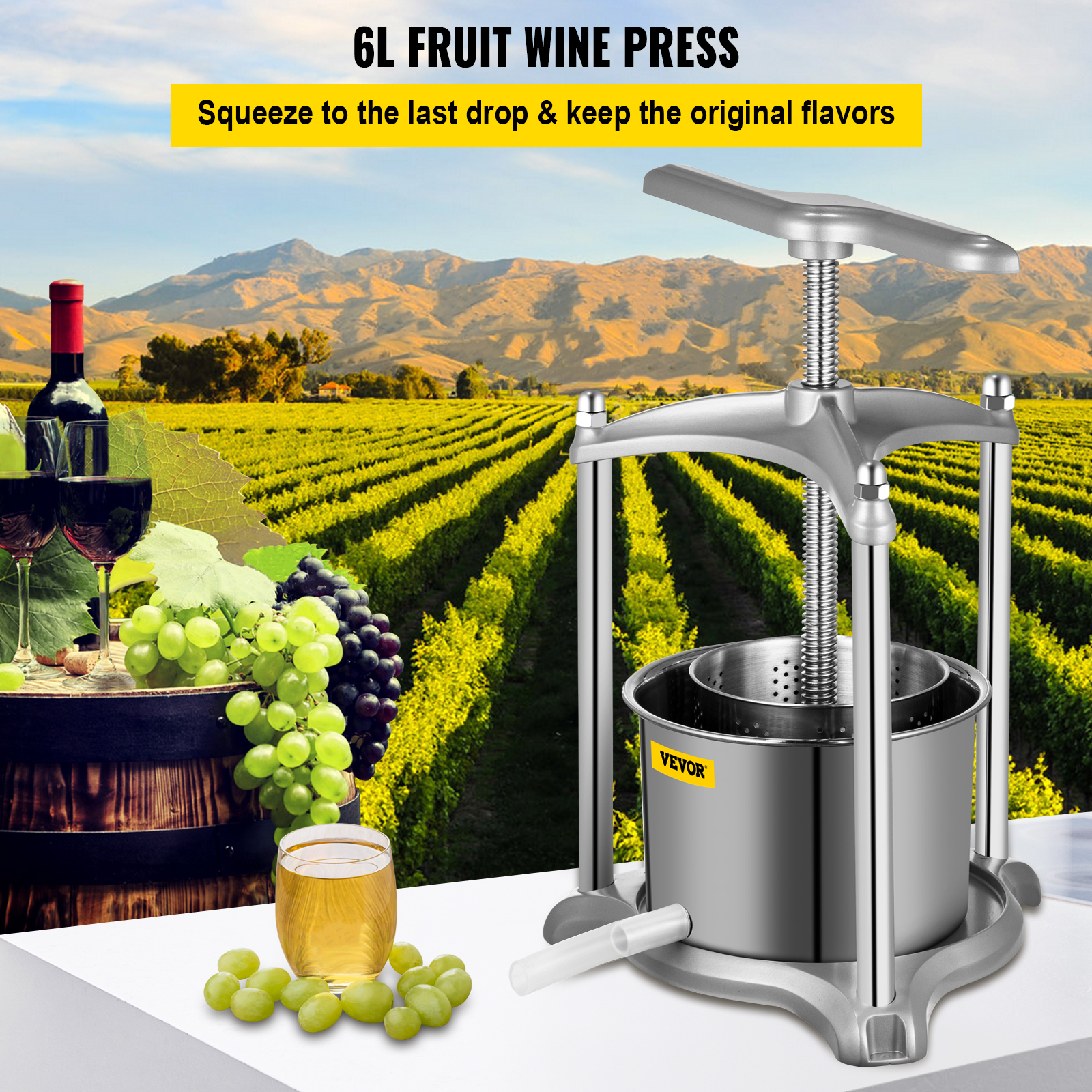 VEVOR Fruit Wine Press, 1.6Gal Wine Press, 6L Fruit Cider Grinder w