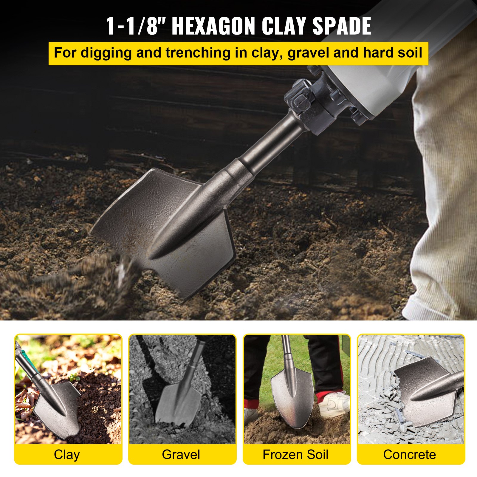 VEVOR Clay Spade, 17.1' x 5.3', 1-1/8' Hex Jackhammer Bit Fits for ...