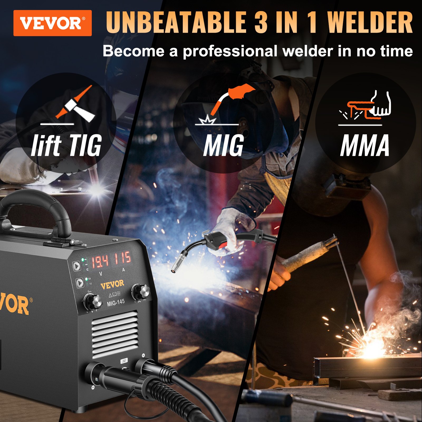 VEVOR 145Amp MIG Welder, Welding Machine 3 in 1, 110V Flux Core/Solid