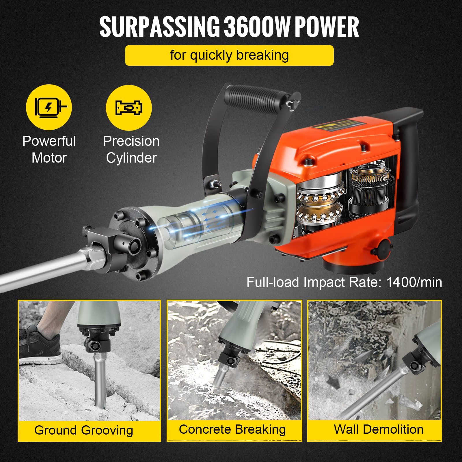 VEVOR Demolition Jack Hammer 3600W Jack Hammer Concrete Breaker 1800