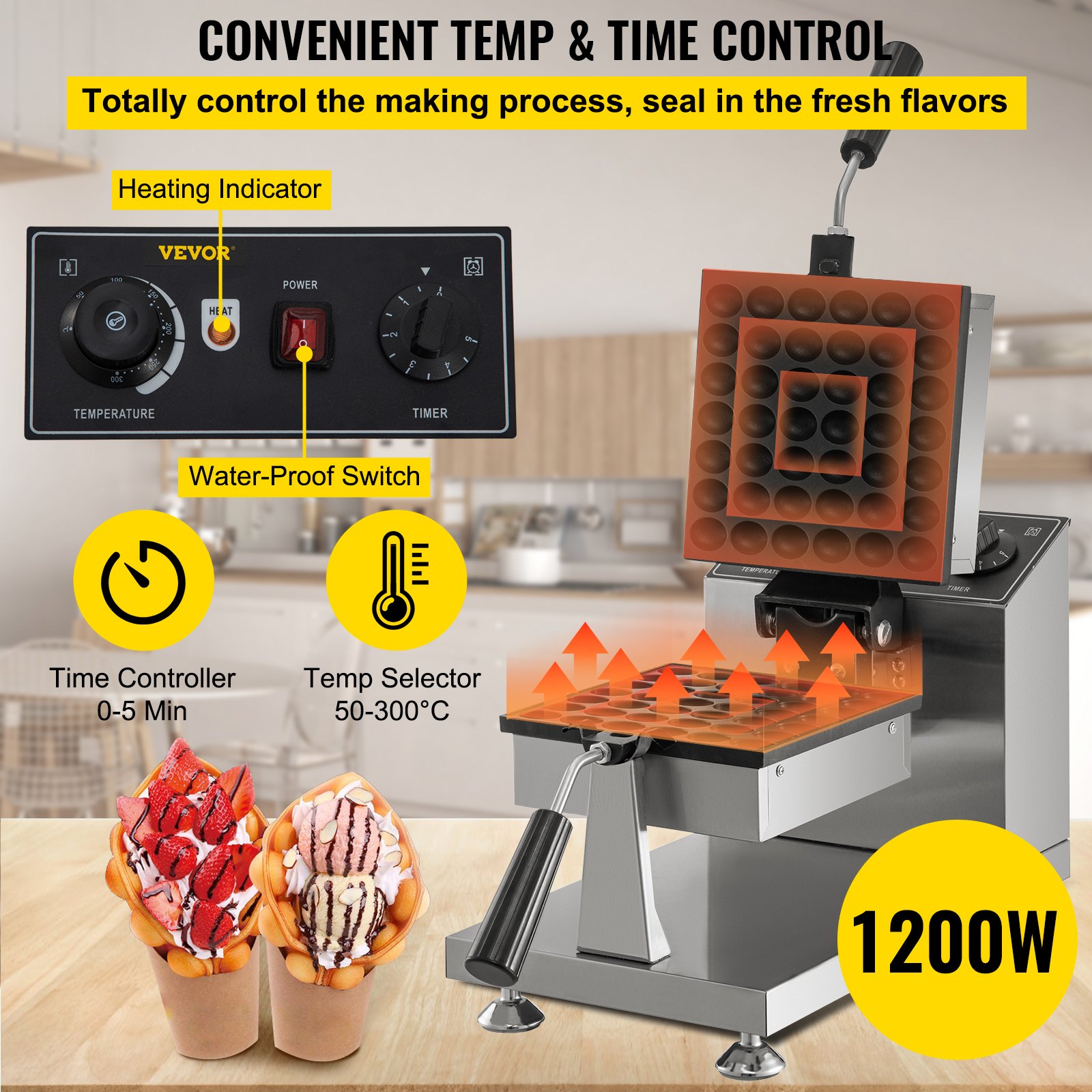 VEVOR Commercial Bubble Waffle Maker, 8" Square Mould, 1200W Egg Bubble ...