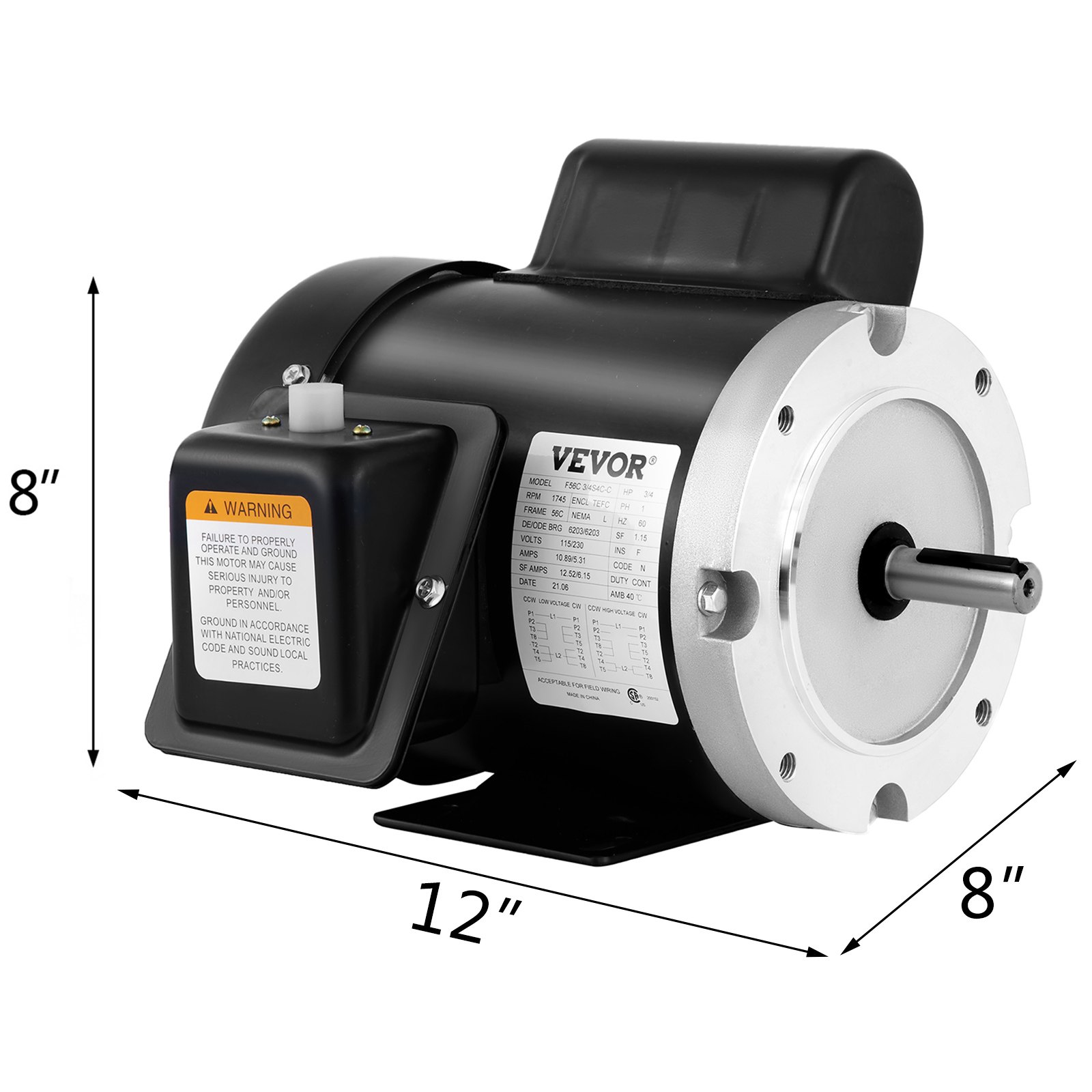 VEVOR Electric Compressor Motor, 3/4 HP, Rated Speed 1725 RPM Single