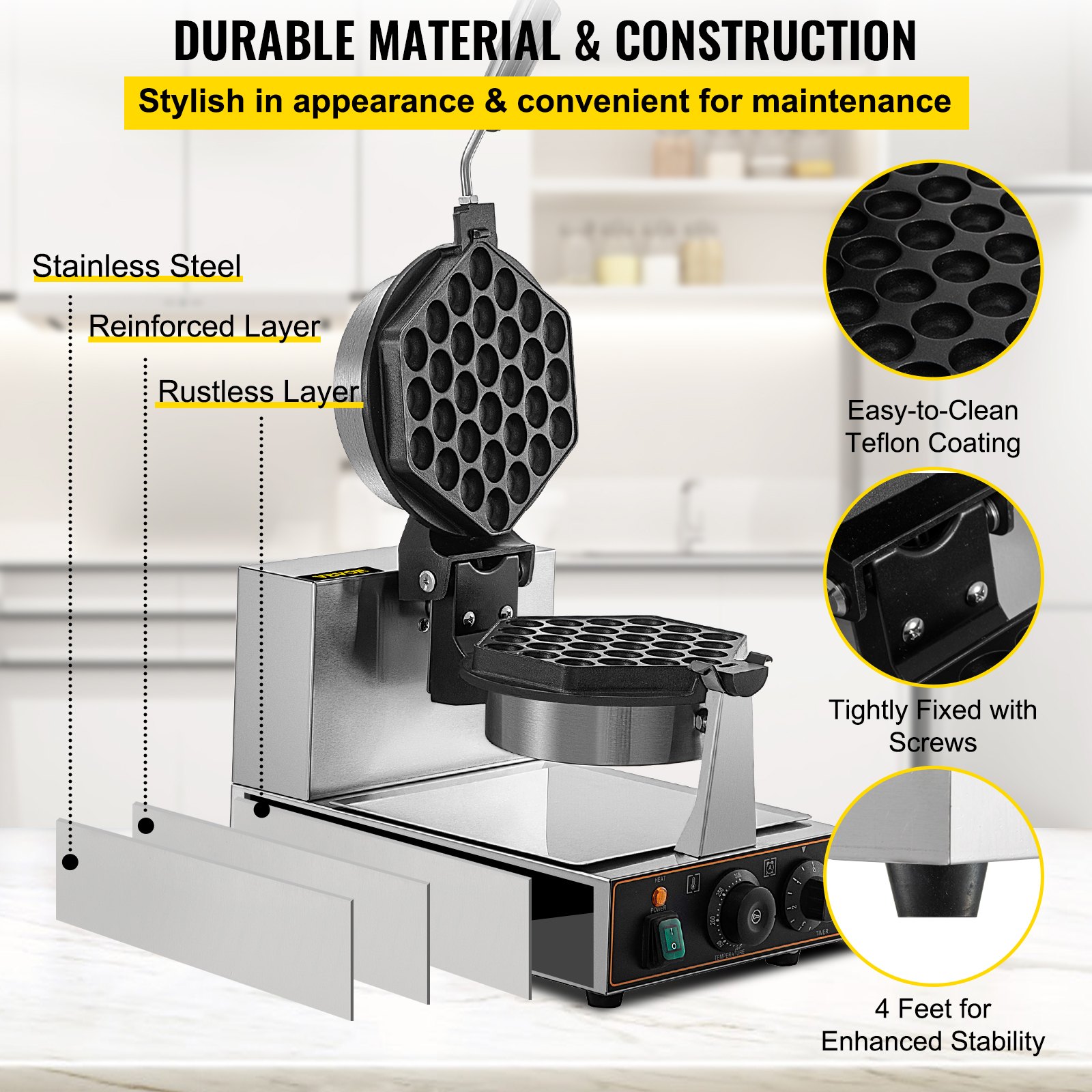 VEVOR Commercial Bubble Waffle Maker, Hexagonal Mould, 1200W Egg Bubble ...