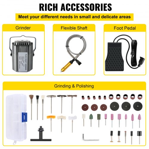 VEVOR Flex Shaft Grinder 780W Hangende Slijpmachine 500-23K TPM Hangmolen Flexshaft Grinder Machine met 1/4 inch 3-klauwplaat & Traploze Voetpedaal 131STKS Accessoires voor Sieraden Polijsten Slijpen