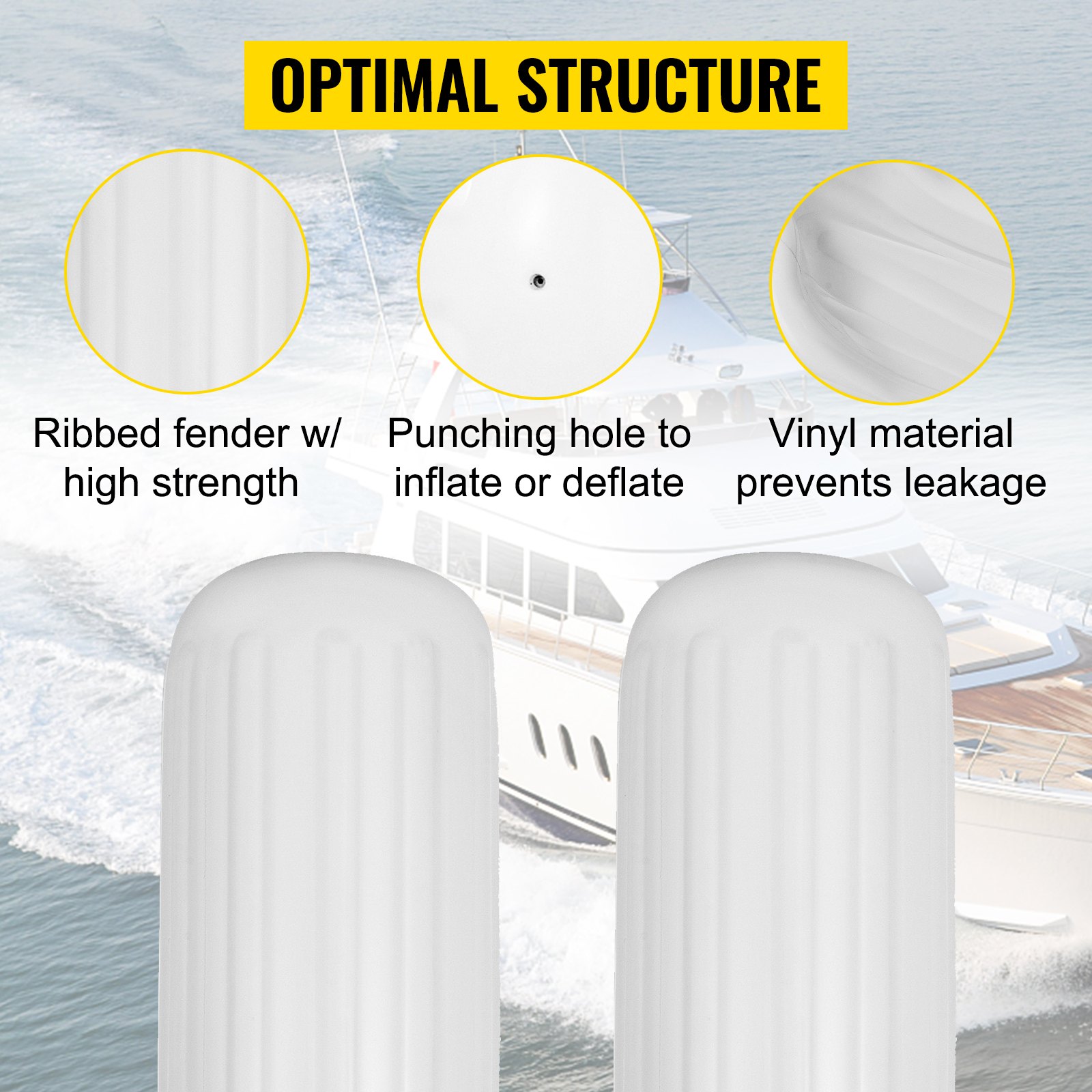 4 NEW RIBBED BOAT FENDERS 10" x 28" WHITE CENTER HOLE BUMPERS MOORING