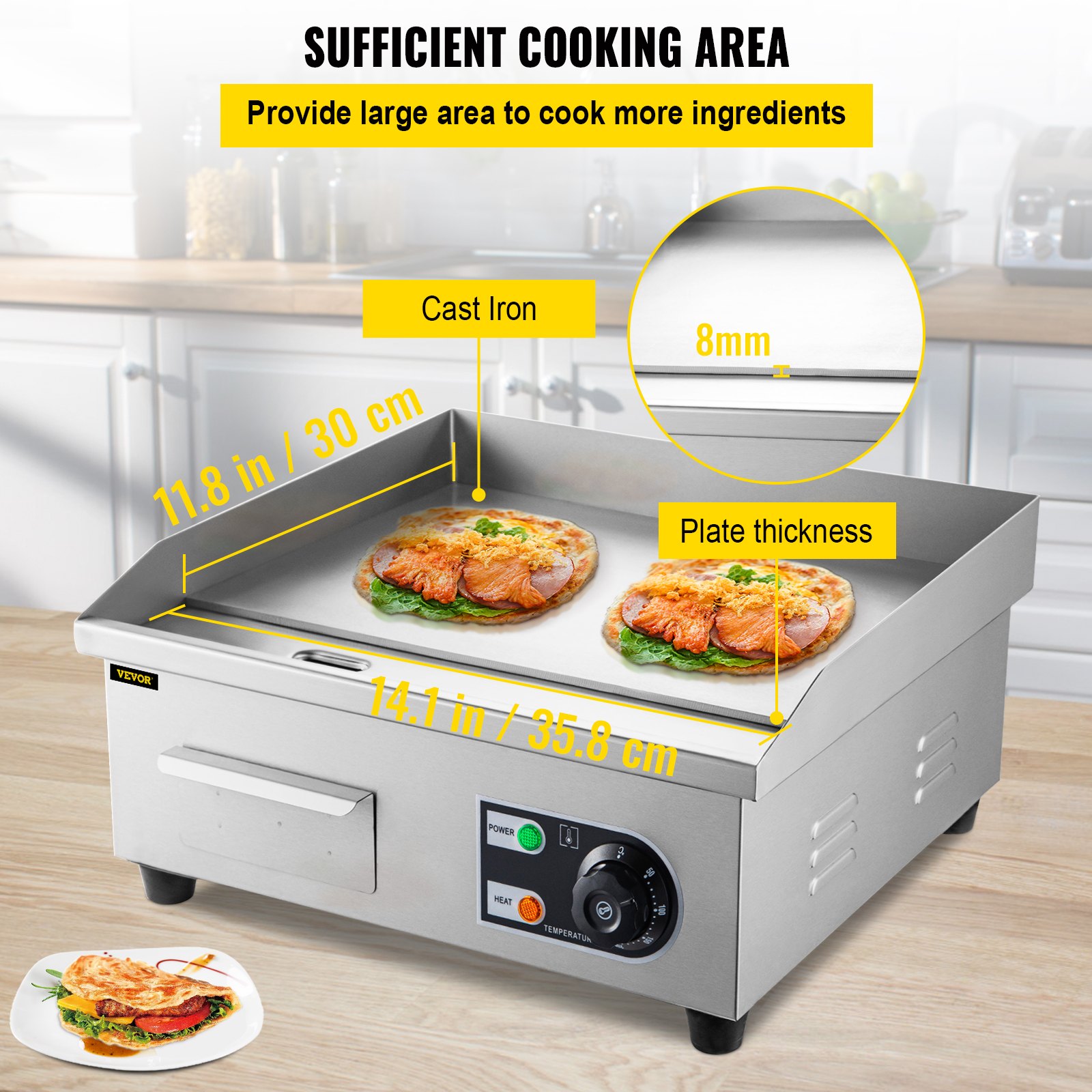 VEVOR 14" Electric Countertop Flat Top Griddle 110V 1500W NonStick
