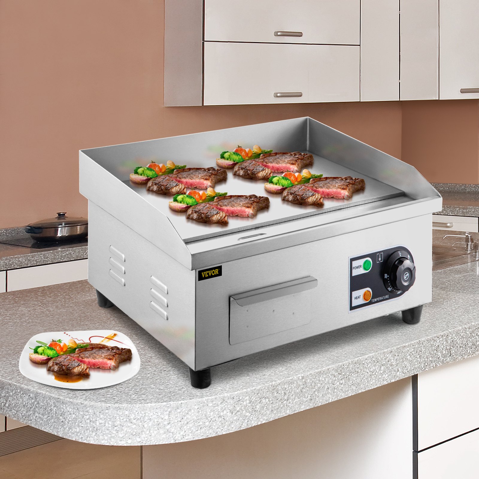 VEVOR 14" Electric Countertop Flat Top Griddle 110V 1500W NonStick